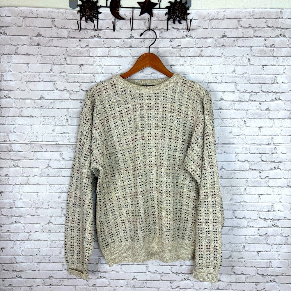 Vintage Oatmeal Speckled Chunky Cotton Crewneck Knit Sweater